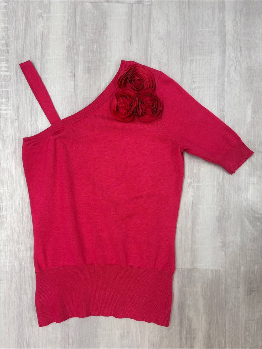 Cache Fuchsia One-Shoulder Floral Appliqué Knit Sweater Small